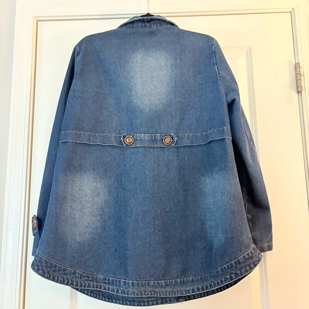 Classic Nautical Preppy Medium Wash Denim Double Breasted Jean Trench Co…